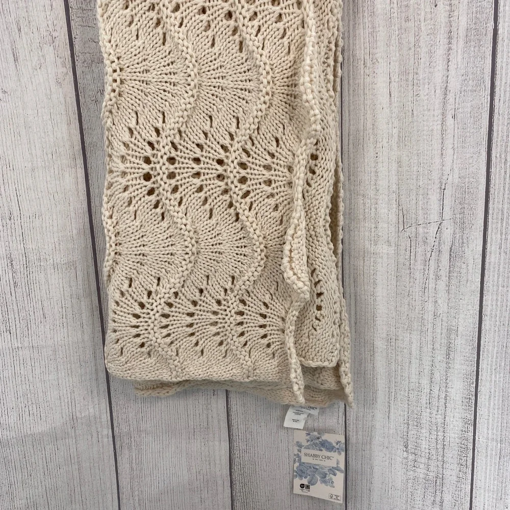 Shabby Chic Throw Blanket Cream Pointelle Fan Chunky Knit Scalloped Edge Country